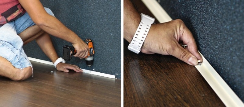 Шаги 1 и 2: подготовка отверстий и крепление нижней планки к полу