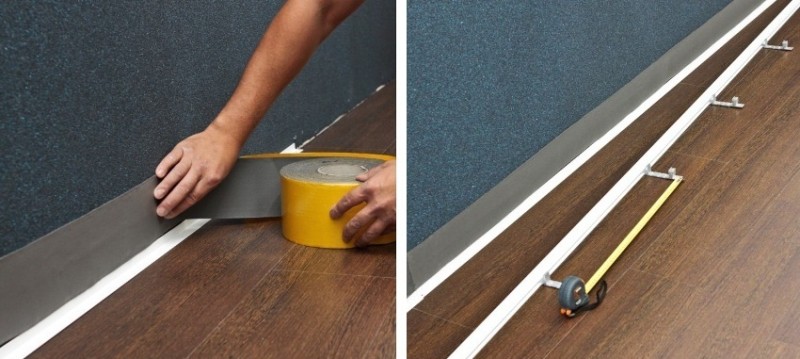 Шаги 3 и 4: монтаж теплоизолирующей ленты и крепление верхней планки к стене