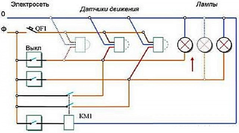 Схема подключения двух датчиков движения на одну линию