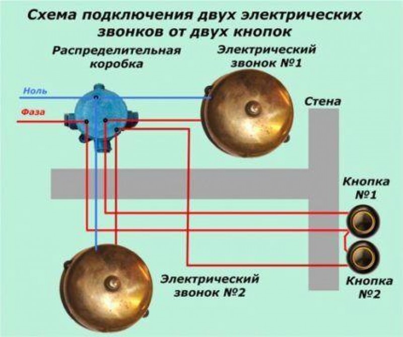 Схема подключения двух звонков к двум кнопкам