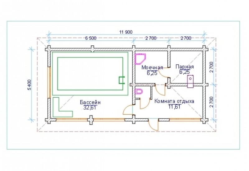 План бани с бассейном 6х6