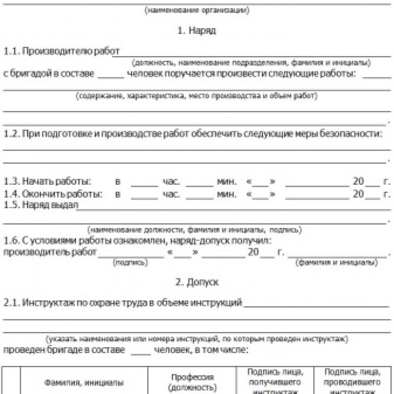 Образец наряда на земляные работы