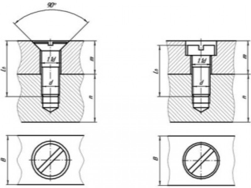 Места под винт. Винтовое соединение чертеж м8. Соединение винтом с потайной головкой чертеж. Винтовое соединение с полупотайной головкой чертеж. Полупотайной винт соединение чертеж.