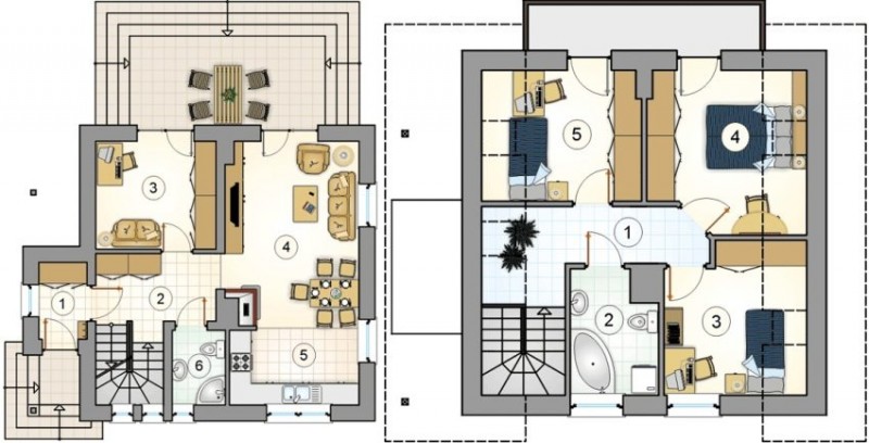 Проект 6. План первого этажа: 1 – прихожая, 2 – холл, 3 – кабинет, 4 – гостиная-столовая, 5 – кухня, 6 – ванная. План второго этажа: 1 – коридор, 2 – ванная, 3 – детская, 4 – спальня, 5 – детская