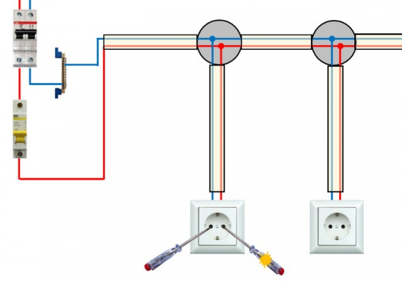 Провести провод от розетки. Как подключить 2 розетки схема проводов. Схема подключения 3 лампочки 2 розетки выключатель. Схема подключения проводов к розеткам и освещению. Схема подключения 2 фазной проводки.
