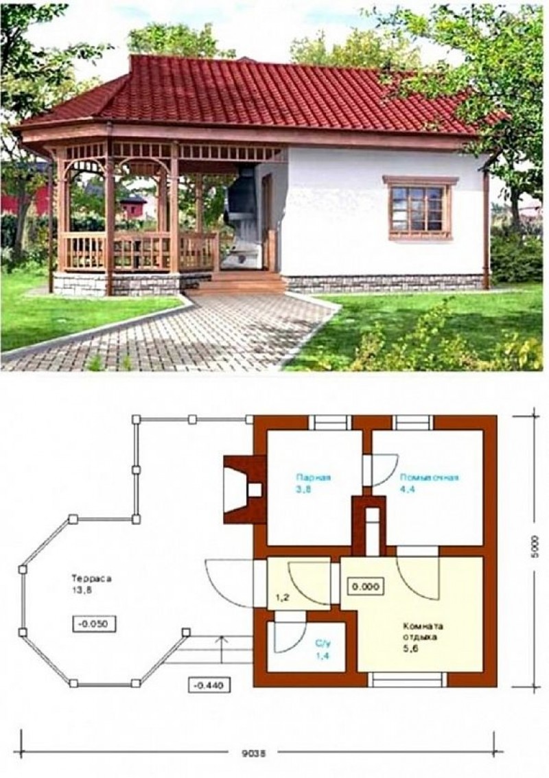 Схема бани с беседкой под одной крышей