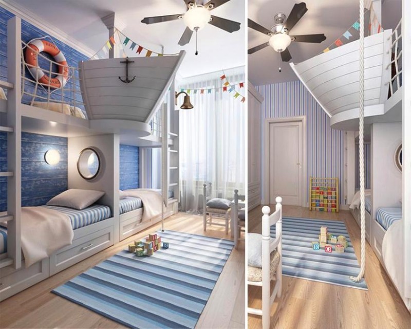 Детская комната с игровыми элементами в виде пиратского корабля