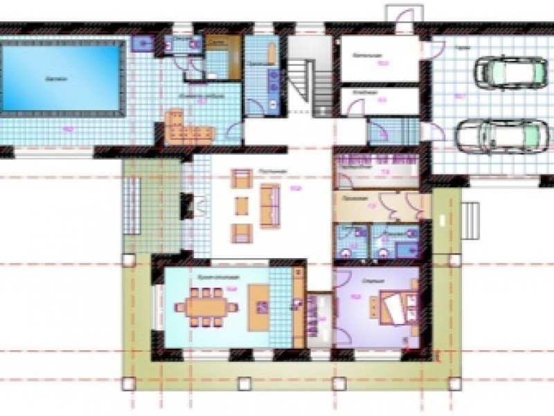 Типовые и индивидуальные. План одноэтажного дома с бассейном внутри. Планировка дома с бассейном и гаражом. План коттеджа с бассейном. Планировка коттеджа с бассейном.