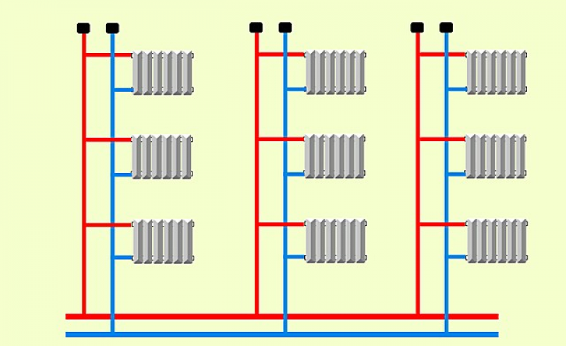 Вертикальная разводка отопления. Система отопления двухтрубная с нижней разводкой разводкой. Однотрубная система отопления с верхней разводкой схема. Двухтрубная стояковая система отопления с нижней разводкой. Двухтрубная вертикальная система отопления схема.