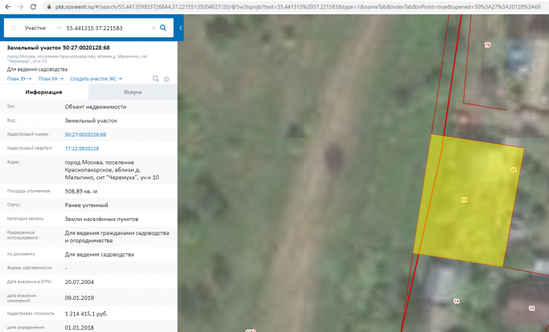 Изображение земельного участка на публичной кадастровой карте