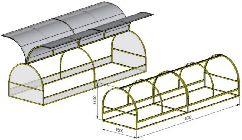 Стандартные размеры парника Бабочка - высота 1-1,5 м, длина и ширина 2х4 м