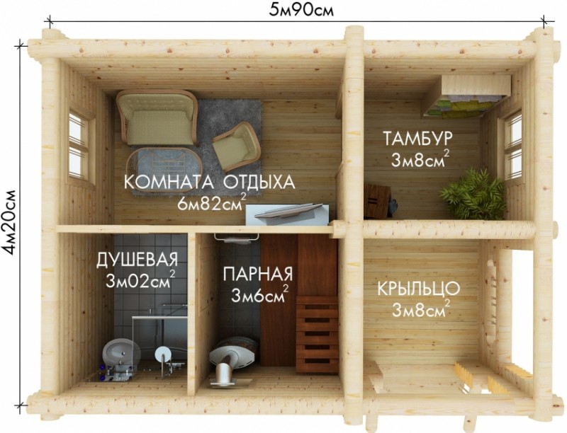 Готовая схема бани среднего размера 4,2х5,9 м с дополнительными помещениями: тамбуром, зоной отдыха и душевой