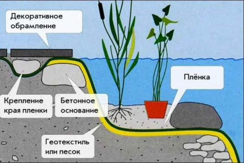 Устройство водоема. Искусственный водоем схема. Разрез искусственного водоема. Искусственный пруд схема. Схема пруда на даче.