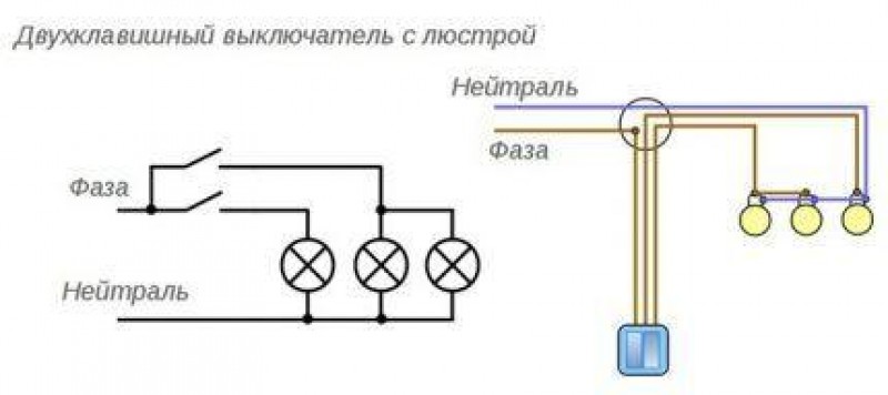 Как подключить люстру к двухклавишному выключателю схема. Схема подключения 3 лампочек на двухклавишный выключатель. Схема подключения 2 лампы 1 выключатель. Схема подключения 2 клавишного выключателя. Схема подключения выключателя на 2 клавиши.