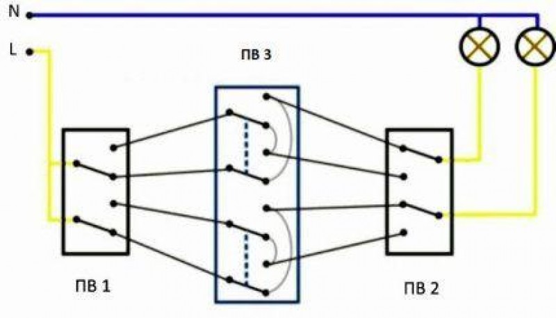 Схема подключения трех двухклавишных. Схема подключения трех двухклавишных. Двухклавишный проходной перекрестный переключатель схема. Двухклавишный перекрестный выключатель схема подключения на 3. Схема подключения трех двухклавишных.