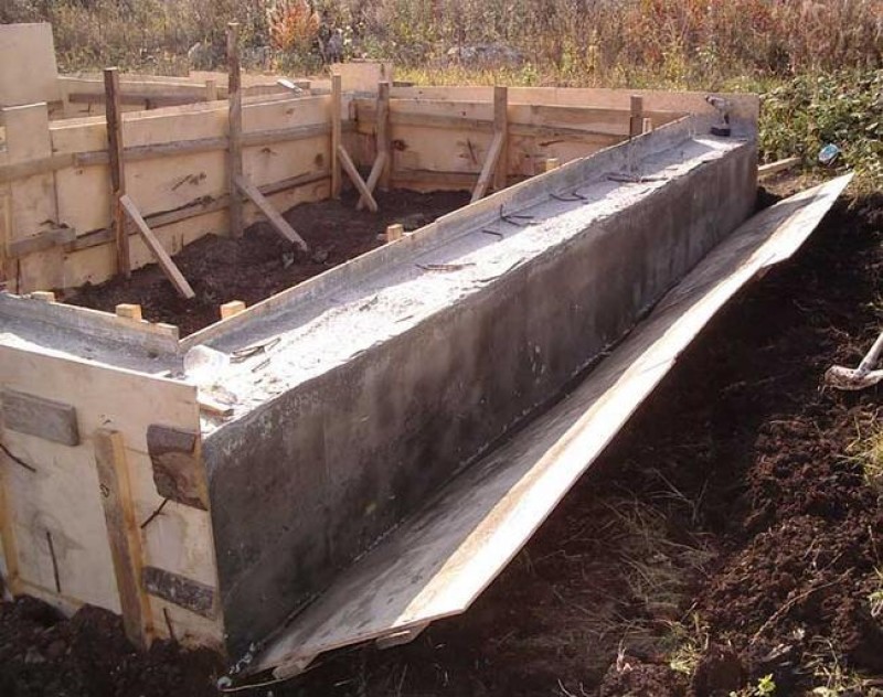 Фундамент после заливки. Распалубливание опалубки. Когда снимать опалубку после заливки. Длинный лоток для бетона. Когда снимать опалубку после заливки.